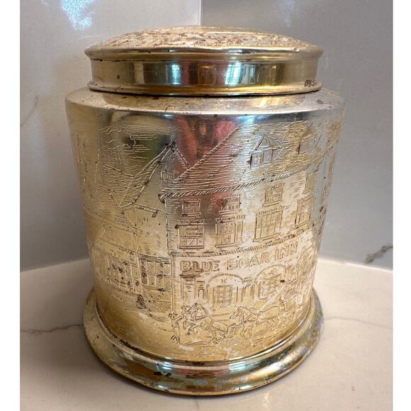 Reed and Barton Silver Plated Humidor Canister Blue Boar Inn Tobacco Tin - Picture 1 of 6